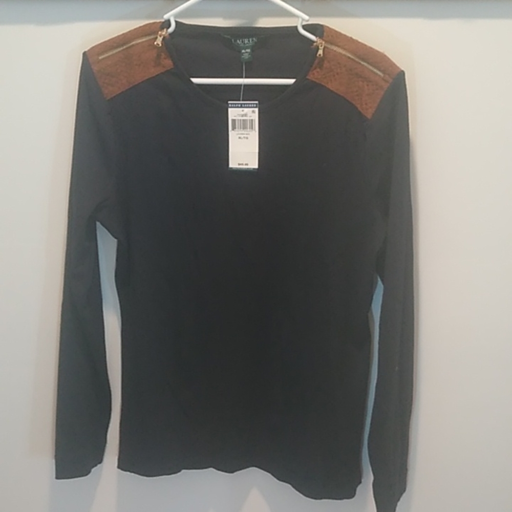 LAUREN Navy with brown and gold shoulder detail XL Women's long sleeve shirt NWT